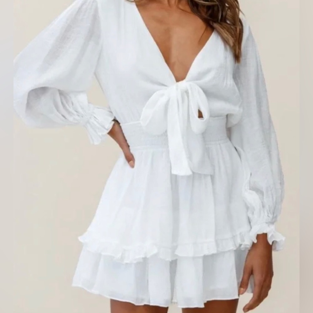 ANGEL BIBA BLACK* anthea bow tie front layered frill long sleeve mini dress XS